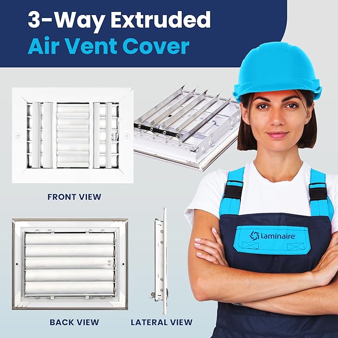8x6 Inch (Duct Opening) Aluminum 3-Way Air Flow Vent – HVAC Vent Cover for Wall or Ceiling – Quiet HVAC Wall Register with Multi-Shutter Damper – Adjustable Curved Blade - Plastic Seal for Tight Fit