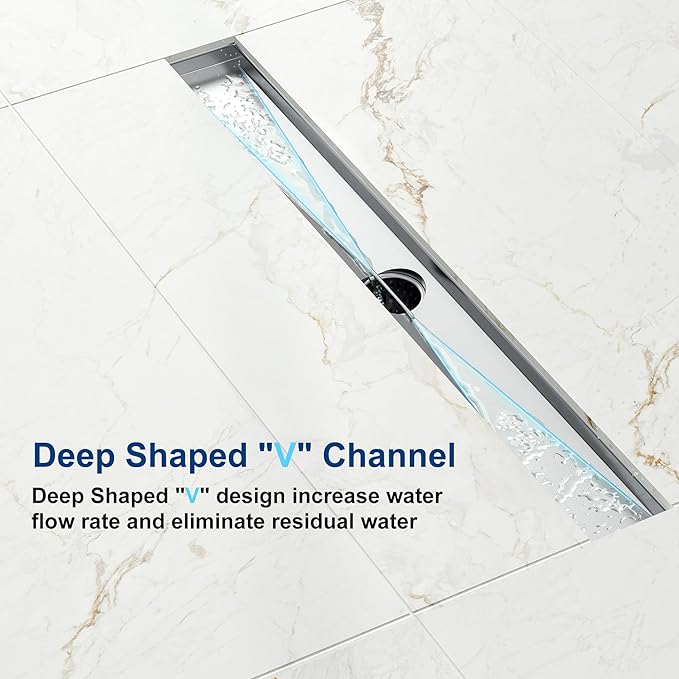 24 inch Linear Shower Drain with Tile Insert Grate Cover, Brushed 304 Stainless Steel Bonding Flange Linear Drain, Low Profile Linear Shower Drain with Hair Strainer