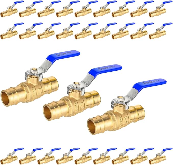 30-Pack Foskan 1" Brass PEX-A Ball Valve with Blue Handle, Quarter Turn Full Port Valve for PEX-A Pipe Connection