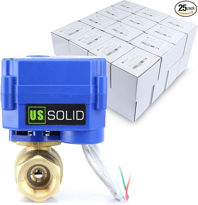 U.S. Solid Motorized Ball Valve- 3/4" Brass Ball Valve with Standard Port, 9-24V AC/DC and 2 Wire Auto Return Setup (Pack of 25)
