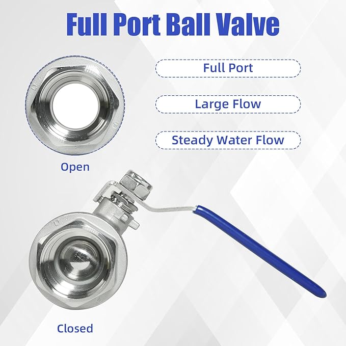 YADIAN 2 Pack 1-1/2'' Ball Valve NPT Female Full Port 304 Stainless Steel 1-1/2 inch Ball Valve Heavy Duty Shut Off Valve for Water, Oil, and Gas with Blue Locking Handles, 1000 WOG