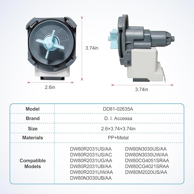 【2025】DD81-02635A B20-3A01 Dishwasher Drain Pump Assembly D.I.Accessa Original Equipment Manufacturer(OEM) Part Fit For DW80N3030us DW80R2031 DW80CG4021SRAA DW80CG4051SRAA DW80M2020US/AA Series