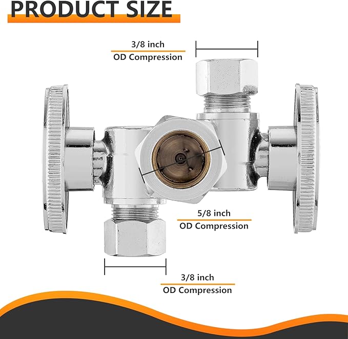 2-PCs HeSun Dual Shut Off Angle Valve, 1/2" Nominal (5/8"OD) x 3/8" OD x 3/8" OD Compression, 1/4-Turn Stop Valve with 2 Shut Off, PEX Chrome Plated Brass(VALVE134-2)