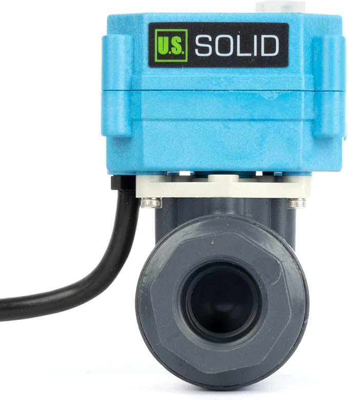 U.S. Solid 3/4” PVC Motorized Ball Valve - Plastic Electrical, US Plug, IP 67, Manual Override, 2 Wire Auto Return, AC 110~230V, Normally Closed
