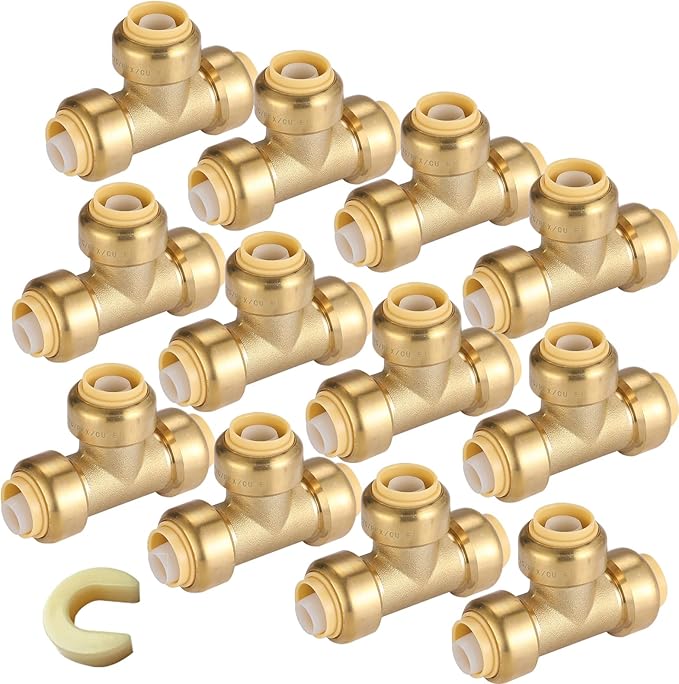 1/2" Pushfit Tee,12 Pack PEX Brass Push-fit Tee with 1 Pack Disconnect Clip, Push-to-Connect Plumbing Fittings for PEX, Copper, CPVC(PF118-12Pack)