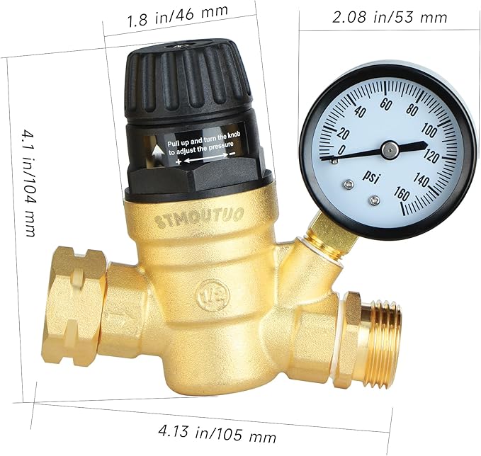 RV Water Pressure Regulator for RV Camper. Brass Lead-Free Adjustable Camper Water Pressure Regulator with 0-160 PSI Gauge ，Reducer Valve W Filter，Package includes 1 raw tape for water pipes.