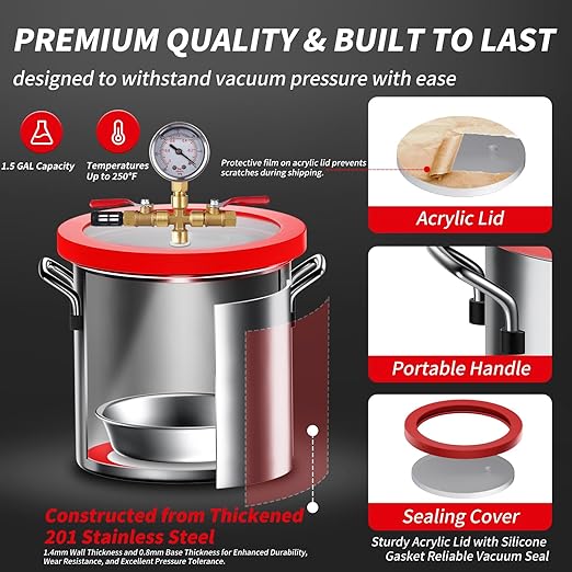 1.5 Gallon Vacuum Chamber Kit with 3.5 CFM Vacuum Pump, Stainless Steel Degassing Chamber with Acrylic Lid, Hose, for Resin, Silicone, Epoxy and Wood Stabilizing
