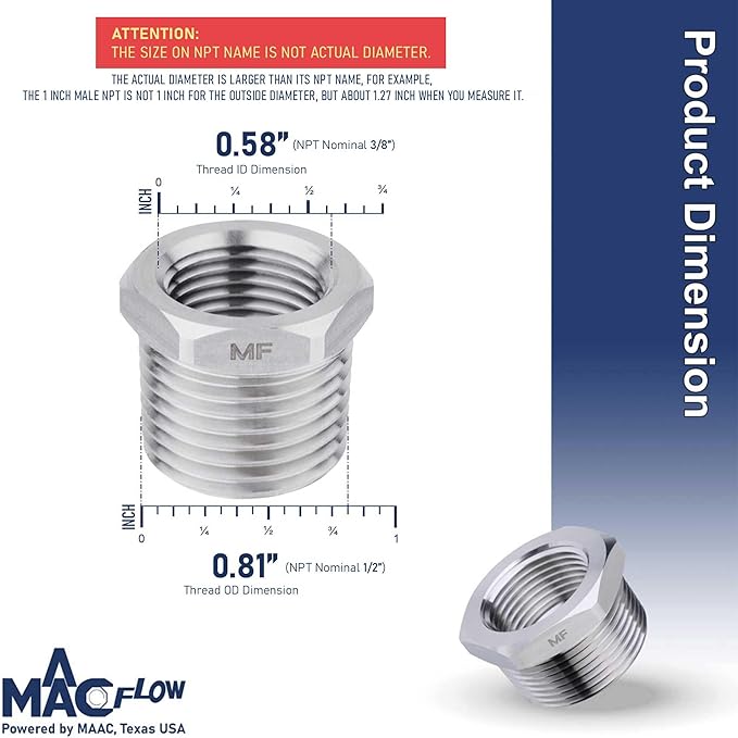 MAACFLOW Stainless Steel 1/2" Male NPT to 3/8" Female NPT Adapter Reducer Hex Bushing (Thread OD 0.81" - ID 0.58") (Pack of 1)