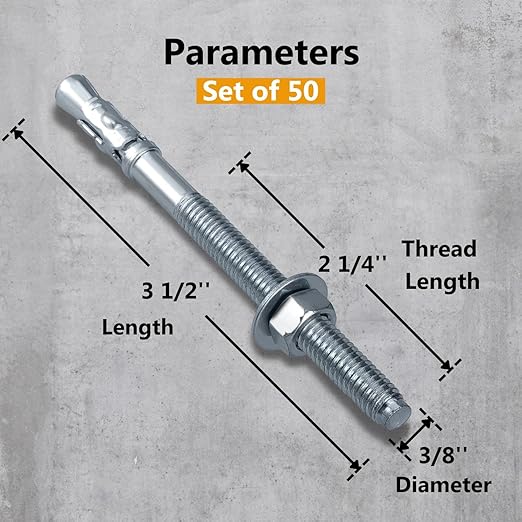 Party Animals 3/8 x 3-1/2 Inch Wedge Anchor, 50 PCs Zinc-Plated Industrial Anchor Bolts for Cement, Concrete
