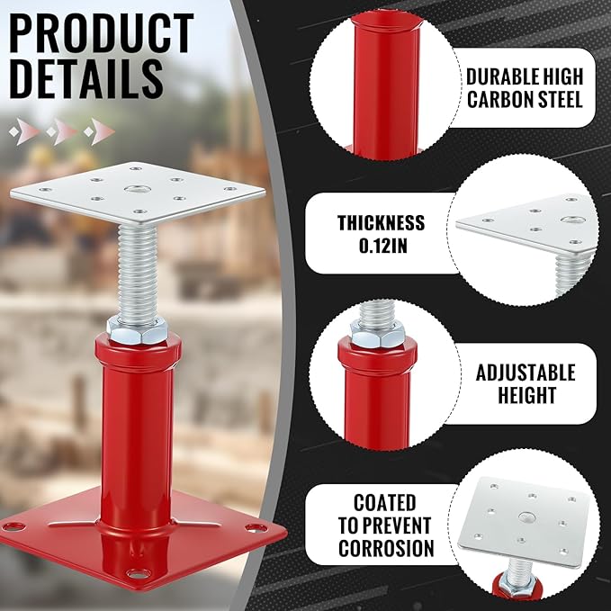 4 Pcs Adjustable Jack Post, 4.3-7 Height Range, Basement Floor House Screw Jacks for Lifting Joist Beam Brace for Cellar Ceiling, Center Point Load Capacity 11023 Lbs, Red