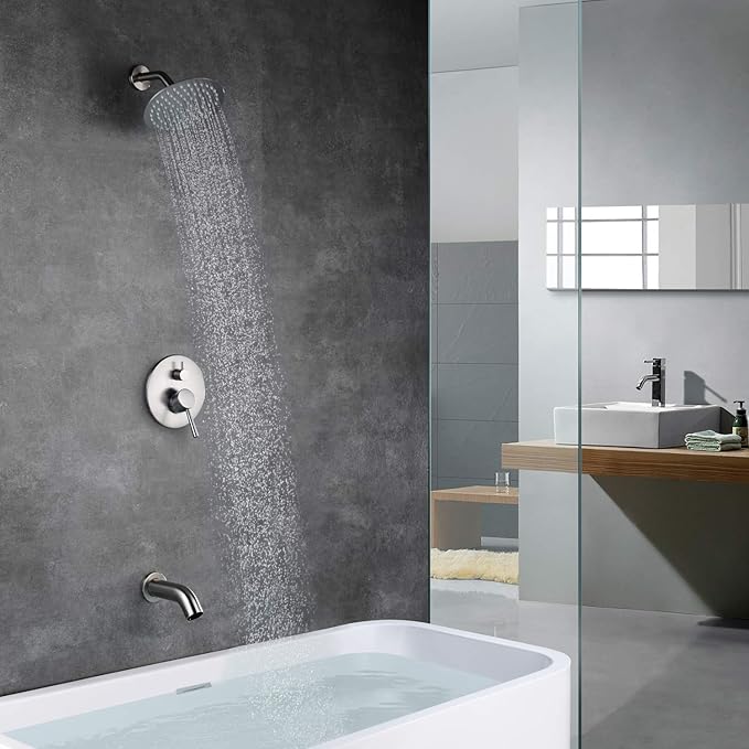 Tub Shower Faucet Set Brushed Nickel，High Flow Waterfall Tub Spout and High Pressure Rain Shower,SUMERAIN