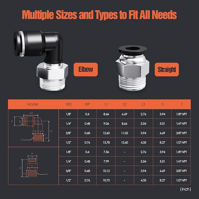 3/8"OD x 3/8"NPT Thread Push to Connect Fittings Kits - 20PCS Air Line Connectors with Straight, Elbow - Quick Connect Pneumatic Fittings, Push Lock Air Hose Fittings for Compressor, Air Tools, Tubing