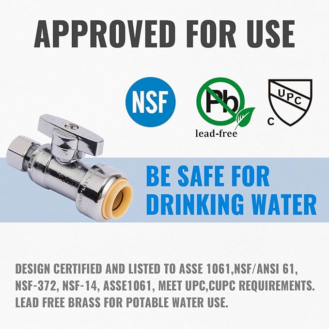 Straight Stop Valve, 2-Pack SUNGATOR Straight Water Shut Off Valve 1/2 x 1/4 Inch Compression, Toilet Water Shutoff, 1/4 Turn, No Lead Brass Push to Connect Plumbing Fitting, PEX Pipe, Copper, CPVC
