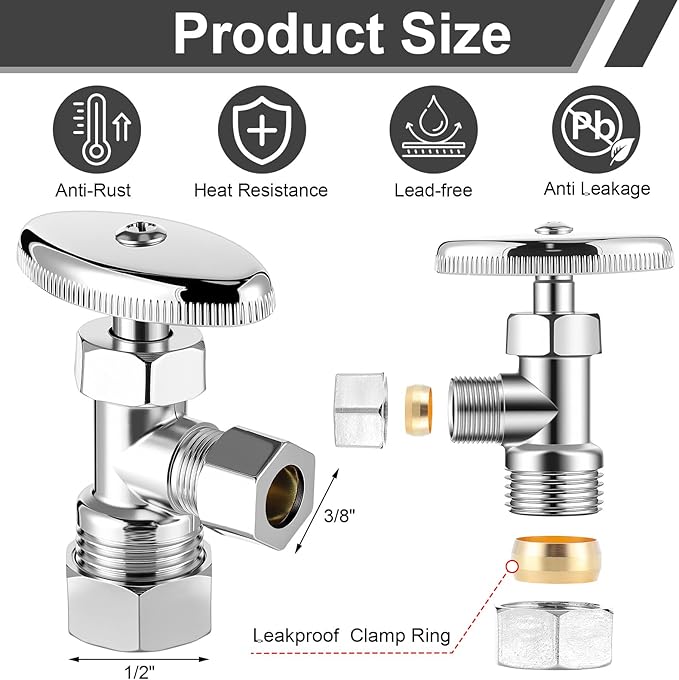 20 Pack Angle Stop Valves, 1/2" Nominal (5/8" OD) Push x 3/8" OD Compression, 1/4 Turn Water Shut Off Valves Brass Push-to-Connect Plumbing for PEX Pipe, Copper, CPVC