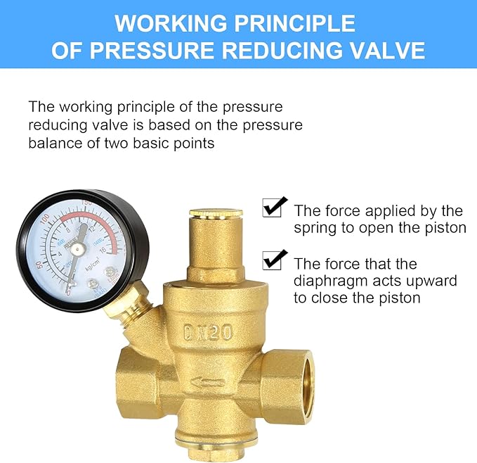 Water Pressure Regulator 3/4 inch with Gauge, Made of 100% High Hardness Brass, Adjustable Water Pressure Reducing Valve Water for Home DN20
