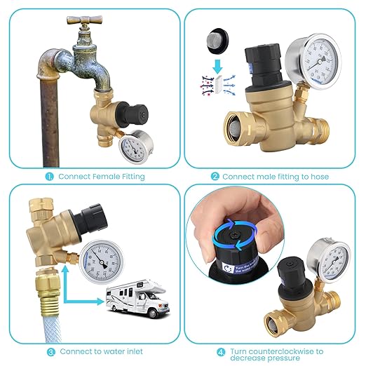 MEASUREMAN Lead-Free RV Pressure Regulator, Pressure Reducer with Liquid Filled Pressure Gauge and Inlet Screened Filter for Camper, RV and Trailer