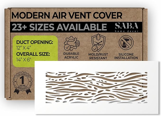 SABA Home Decor White Air Vent Cover - Acrylic Plexiglass 4" x 12" Duct Opening (6" x 14" Overall) Return Grille Decorative Covers for Walls & Ceilings NOT for Floor USE, Waves