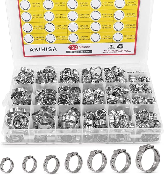 AKIHISA 420Pcs 20 sizes Single Ear Hose Clamps, 7-28.6mm 304 Stainless Steel Pex Crimp Rings Kit, Crimp Hose Clamp Assortment Set for Securing Pipe Hoses and Automotive Use