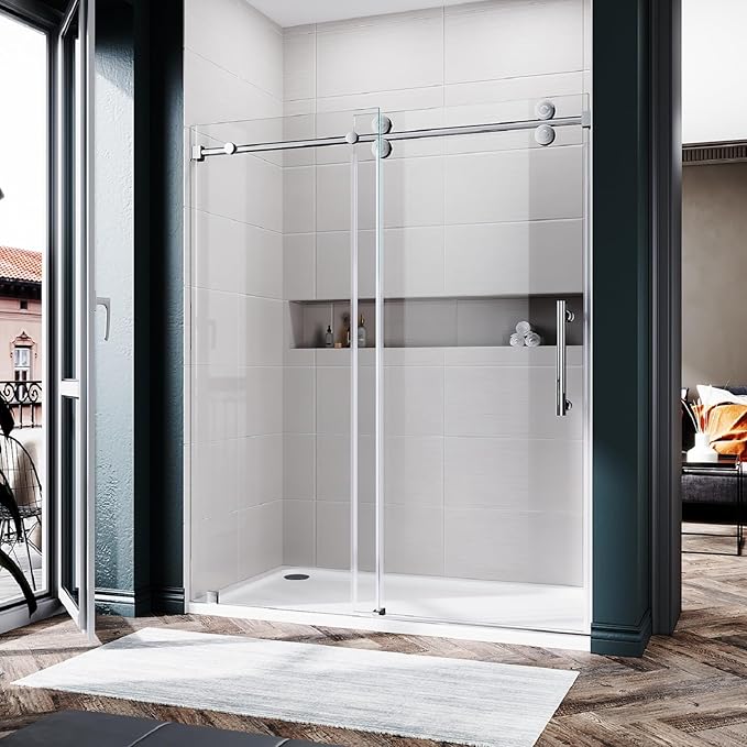 56-60 Inch x 72 Inch Sliding Frameless Shower Door, 3/8" Tempered Glass with Easy-Cleaning Coating, Stainless Steel Rollers & SGCC-Certified Stability, Bright Chrome