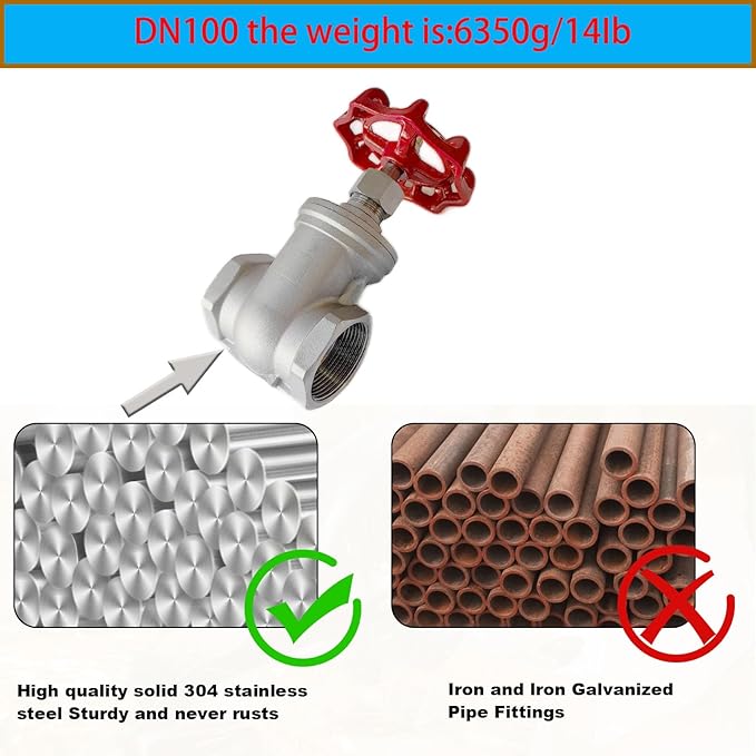 304 Stainless Steel Gate Valve DN100, 4" NPT Stainless Steel Female Threaded Rotary Globe Valve for Water Flow Switches, Fuel Water Vapor, Air Switches, Air Compressors and Sump Pumps, etc