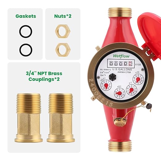Watflow DN20 Water Meter 3/4" NPT,AWWA C708 Certification Gallon Water Flow Meter, Hot Water Meter for Garden/Home/Apartment, Horizontal Install.