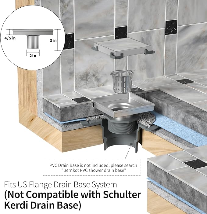Square Shower Drain 8", Brushed Floor Drain with Tiled Insert Grate & Hair Strainer, 304 Stainless Steel Bathroom 2-in-1 Tiled in Drain, CUPC Certified (Brushed, 8'')