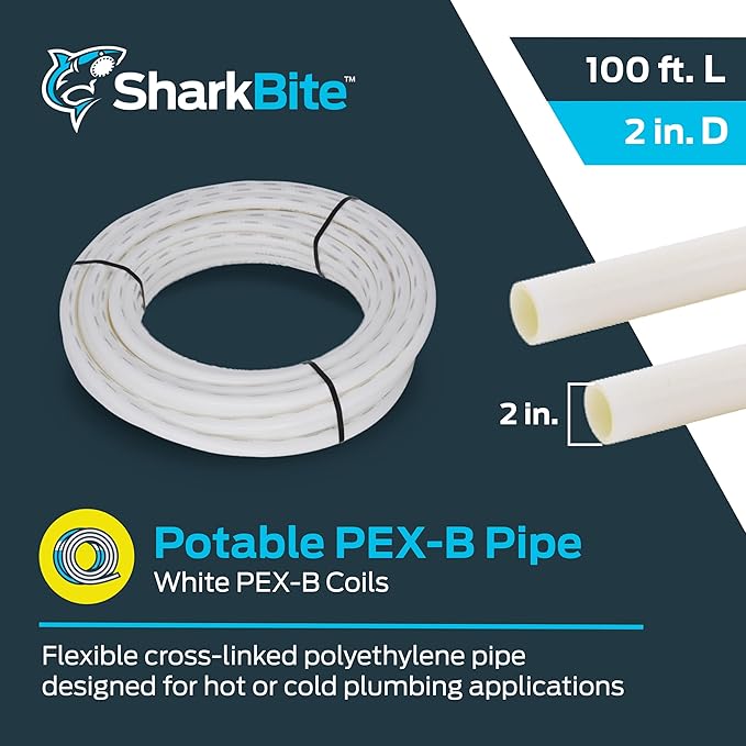 SharkBite 2 Inch x 100 Feet White PEX-B, Made in the USA, Flexible Water Pipe Tubing for Plumbing, U895W100
