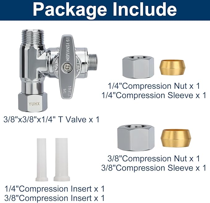 Brass Angle Stop Add-A-Tee Valve, 3/8 x 3/8 x 1/4 Compression Tee Valve,Feed Water Adapter for Refrigerators, Ice maker, Reverse Osmosis,RO Water Filter Systems, 3 Way Diverter Water Line Splitter