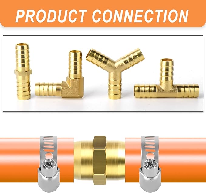 GASHER 20 Pieces 3/8 Inch Brass Hose Barb Set, 90 Degree L Right Angle Elbow, Y-Shape Air Hose Barb, Tee Hose Barb, Fuel/AIR/Water/Oil/Gas/WOG