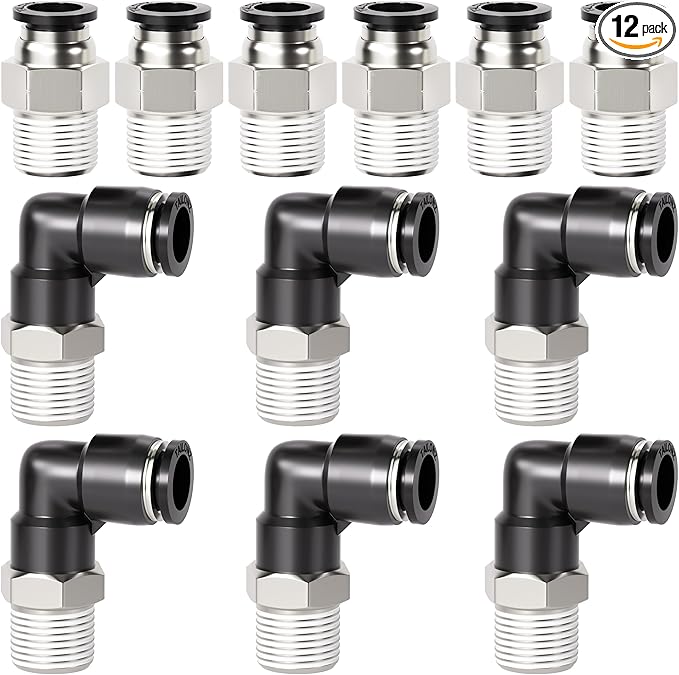 TAILONZ PNEUMATIC Elbow and Straight Combination 6MM Tube OD x 1/8 Inch NPT Thread Push to Connect Fittings PC6-N1+PL6-N1(Pack of 12)