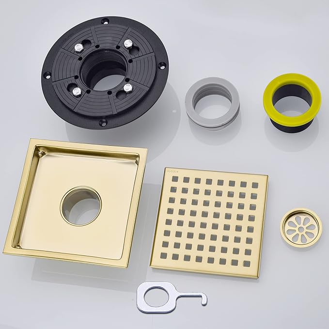 Shower Drain 6 Inch Brushed Gold,Stainless Square Shower Floor Drain Kit with Tile Insert Grate Removable Multipurpose Invisible Look or Flat Cover, with Threaded Adapter