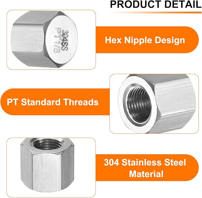 uxcell 2pcs Hex End Cap 304 Stainless Steel Nut with Washer, PT 1/8" Female Thread Pipe Fitting, Gas Line Water Line Stop Valve Cap Tubing Ends for Plumbing Fittings, Silver Tone