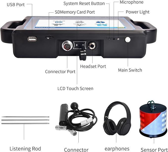 PQWT CL500 Water Leak Detectors for Home and Outside Wall Water Pipe Detector Acoustic Pipeline Leakage Detection Kit Professional Sensor Noise Reduce Headphone LCD Touchscreen Carry Case 5 Meters