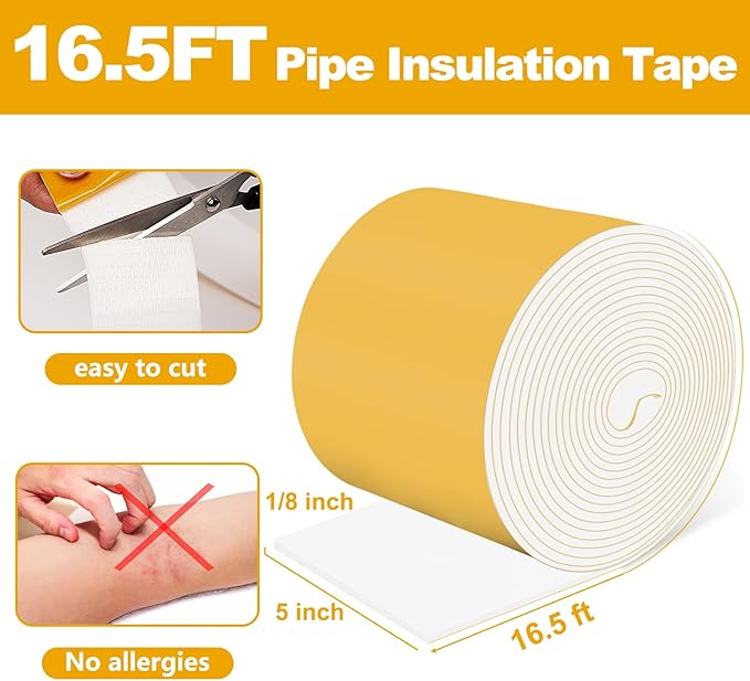 DEMEDO Pipe Insulation Tape, Pipe Wrap Insulation Foam Tape Self Adhesive, Outdoor Water Pipe Insulation Roll for HVAC, AC Line Insulation, 5 inch x 16.5 FT Heat Tape for Water Pipe, White