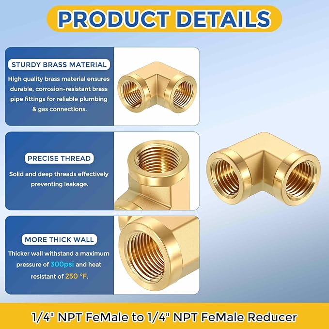 5 Pack Brass Pipe Fittings, 90 Degree 1/4" FeMale NPT to 1/4" FeMale NPT Barstock Street Elbow, Forged Pipe Fitting Connector for Air, Oil, LP