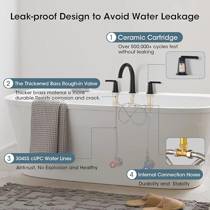 High Flow Roman Tub Faucet with Valve, Widespread Solid Brass 3 Hole Bathtub Faucet, 2 Handle Deck Mount Bath Tub Filler with Supply Water Hoses, Matte Black
