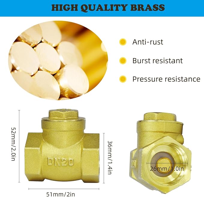 3/4" NPT Swing Brass Check Valve DN20 - Female Thread Horizontal One Way Valve for Oil, Water, Fuel, Gas, Air - Prevents Backflow for Sump Pump and Air Compressor