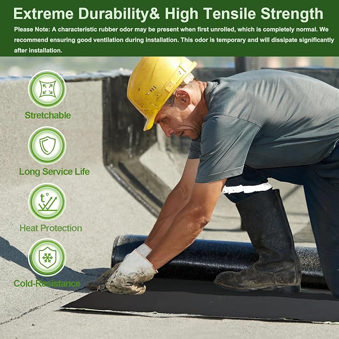 50mil EPDM Waterproofing Membrane, 39" x 16ft Self-Adhesive Rubber Roofing Membrane, Waterproof Leak Barrier for Roof, RV, Terrace, Garage