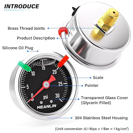 MEANLIN MEASURE 0~30Psi Black Stainless Steel Pressure Gauge, Glycerin Filled 1/8" NPT 1.5" FACE DIAL, Liquid Filled Pressure Gauge WOG Water Oil Air Back Mount (with 2PCS Snaps)