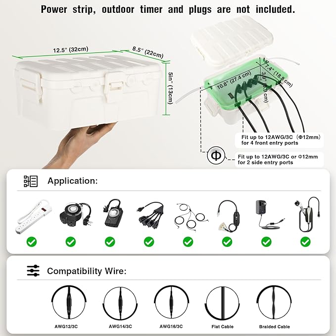 Flemoon 4-Piece Outdoor Waterproof Electrical Box Set – 12.5" x 8.5" x 5" Large Electrical Box & 3 pcs 7.1" x 2.3" x 2.3" Extension Cord Covers for Power Strips, Outlets, Holiday Lights, White