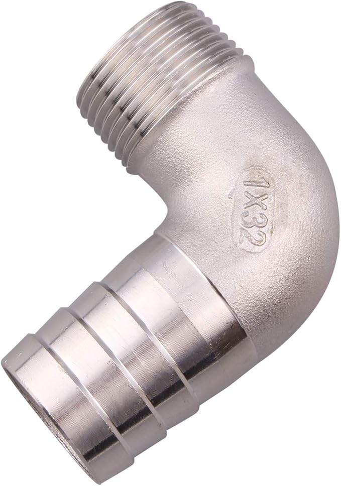 DERNORD 1 1/4" Hose Barb x 1" Male NPT Stainless Steel 90 Degree Elbow- Home Brew Pipe Fitting