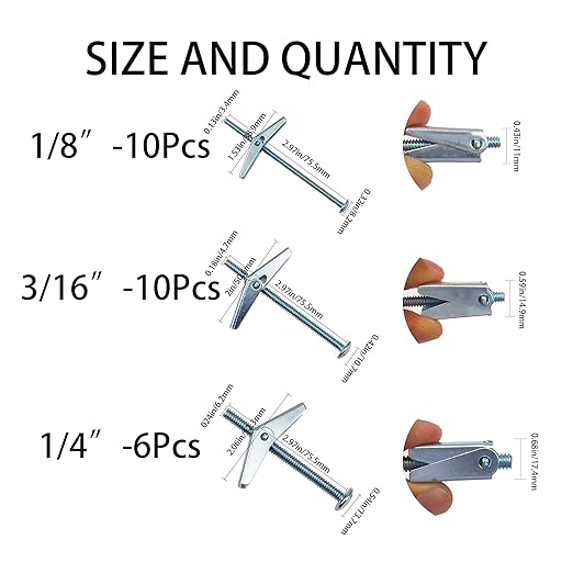 26Pcs Toggle Bolt and Wing Nut Assortment Kit for Hanging Heavy Items on Drywall 1/8 Inch 3/16Inch 1/4Inch