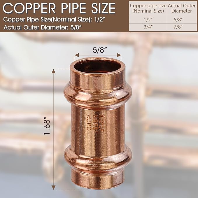 Copper Press Fittings,1/2inch Copper Coupling with Stop 1/2-Inch PxP Zero Lead,Outer Diameter 5/8”,12PK Press Fittings 1/2” Coupling with Stop for Plumbing,Use with Hydraulic Press Fitting Tool