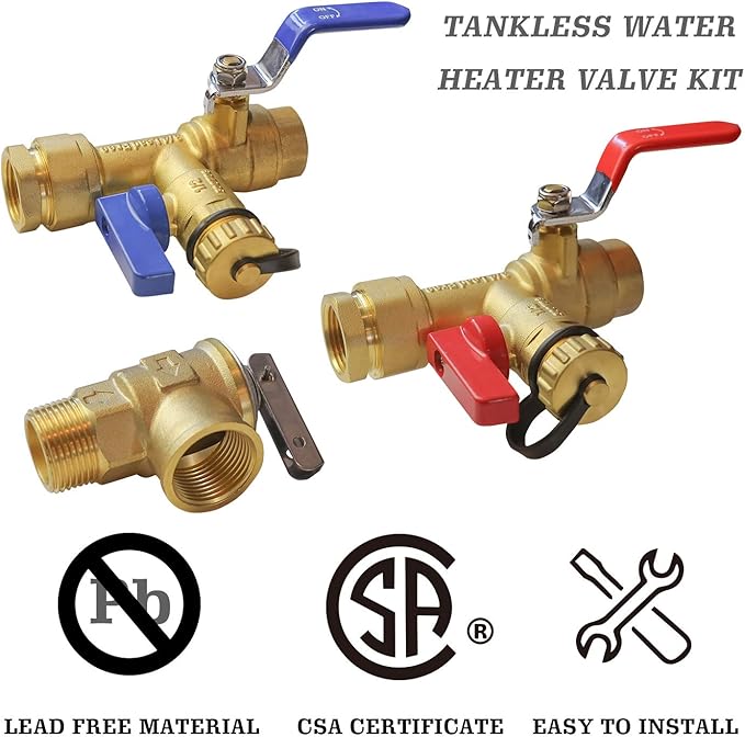 Hourleey 3/4 Inch IPS Isolator Tankless Water Heater Service Valve Kit, with Pressure Relief Valve, Clean Brass