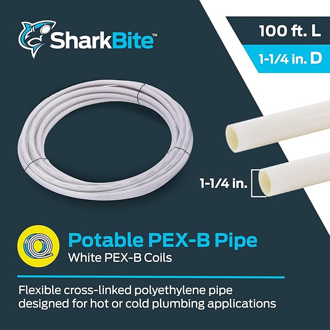 SharkBite 1-1/4 Inch x 100 Feet White PEX Pipe Flexible Water Tubing for Plumbing, PEX-B, U885W100