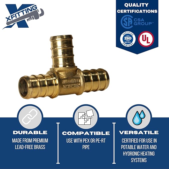 XFITTING 5 Pack 1/2" Pex B Tee, Brass, 0.5" Size, Tee Connector