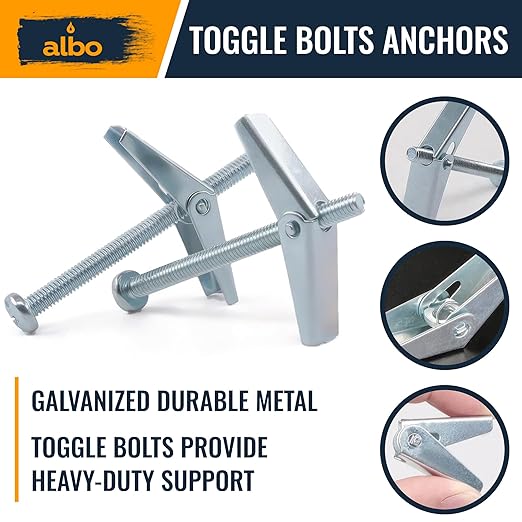 ALBO 45-Piece Heavy Duty Hollow Wall Anchors Kit for Drywall Ceilings with Screw Spring/Includes Toggle Bolts and Wing Nut Assortment in 3 Sizes (1/8in, 3/16in, 1/4in)
