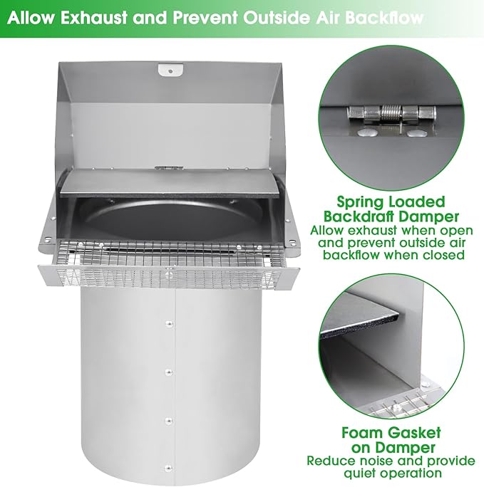 6 Inch Wall Vent Cover,Exterior Wall Vent Hood with Screen and Damper Exhaust Dryer Vent Cover Outside,External Extractor Wall Exhaust Vent Cap for Range Hood Kitchen Outdoor Air Vent,Stainless Steel