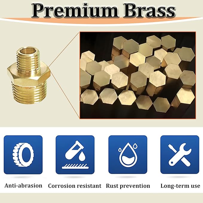 1/2" x 3/8" NPT Male Threaded Reducing Nipple Pipe Fitting Adapter, Brass 1/2 inch MNPT x 3/8 inch MNPT Hex Nipple Reducer, Heavy Duty Pipe Reducer Straight Connector