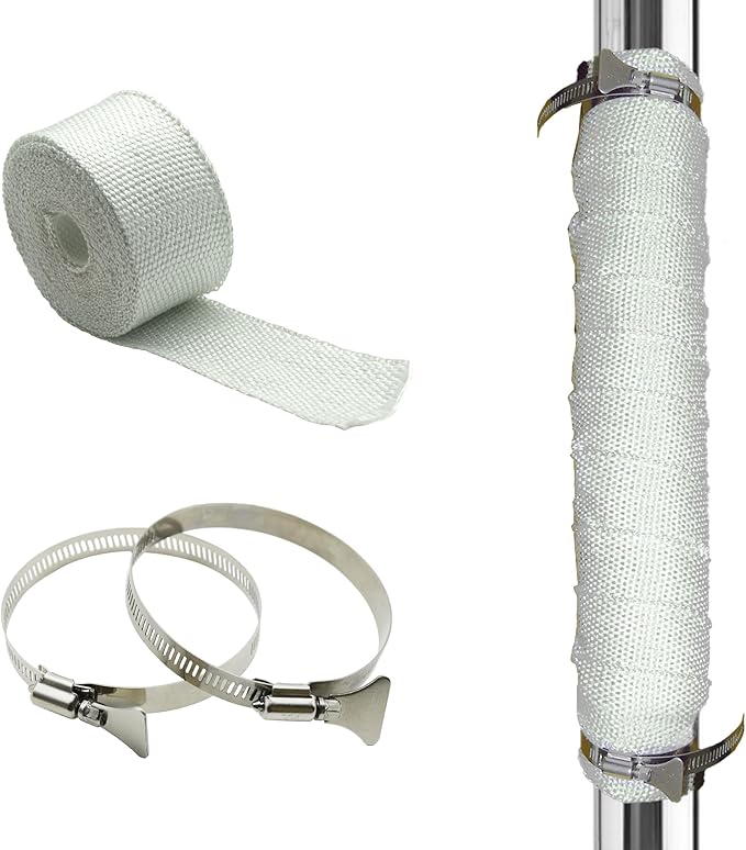 DOBTIM Fireproof Pipe Wrap Insulation 2" Wide X 16' Long, Fiberglass Heat Shield Tape Pipe Webbing for Stove Flue Protector with 2 Clamps, White